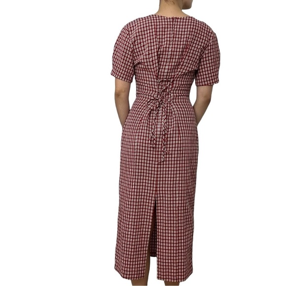 Vintage Midi Dress Lace Up Gingham Red Modest Casual Fall 90s Size Medium - Picture 3 of 8